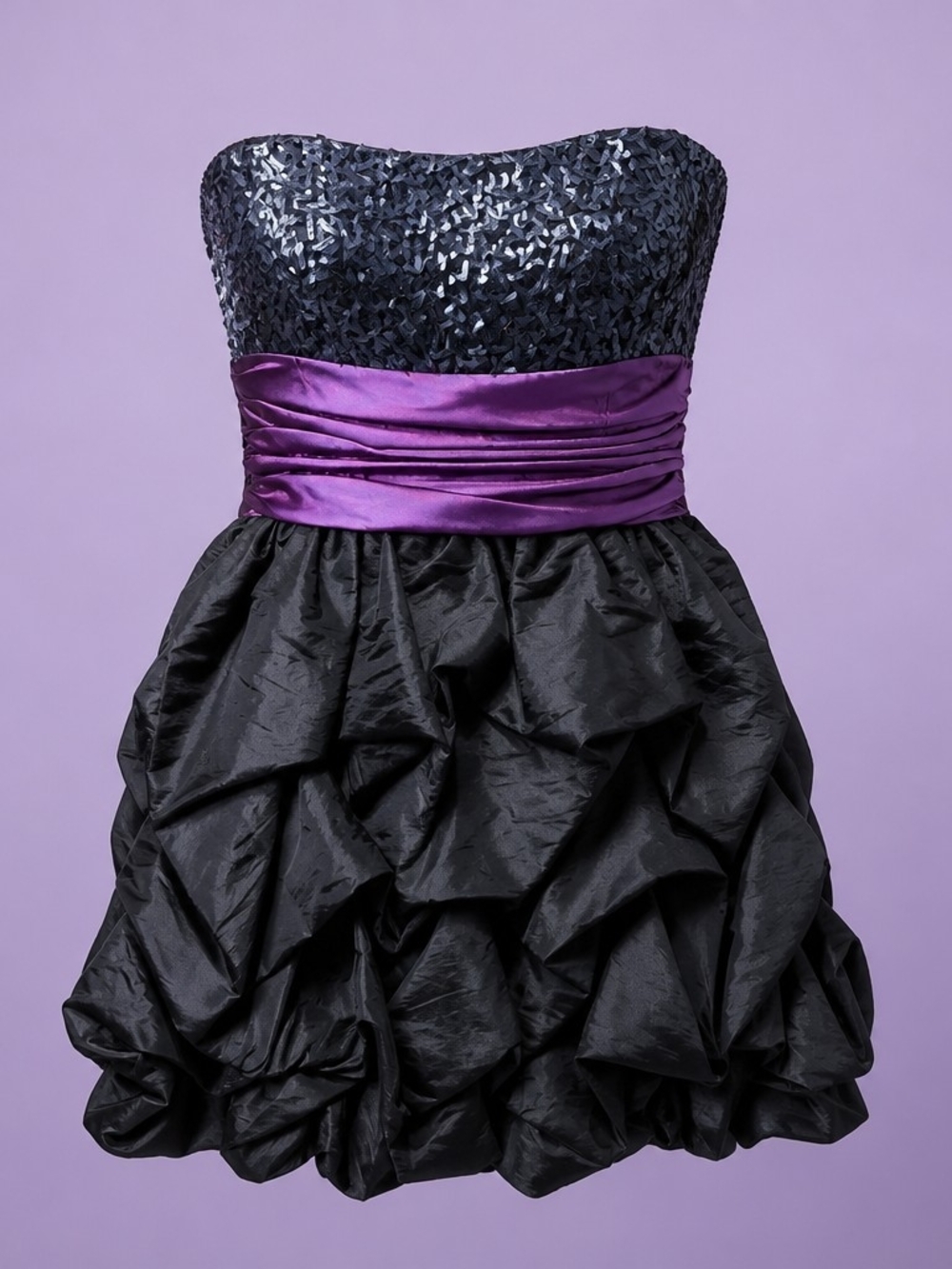 Vintage Y2K Whimsigoth Black Sequin Purple Satin Bubble Hem Homecoming Dress Sz3